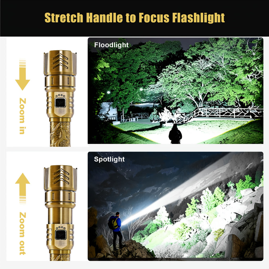 SKYFIRE LED High-brightness Golden Dragon Pattern Flashlight, 5000mAh Rechargeable Flashlight with Ignition Lens, Zoom Function, Four Modes, Suitable for Camping, Outdoor And Household Use