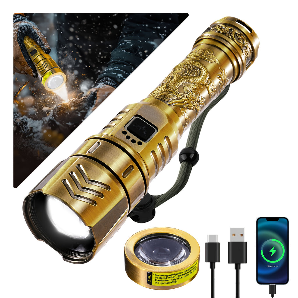 SKYFIRE LED High-brightness Golden Dragon Pattern Flashlight, 5000mAh Rechargeable Flashlight with Ignition Lens, Zoom Function, Four Modes, Suitable for Camping, Outdoor And Household Use
