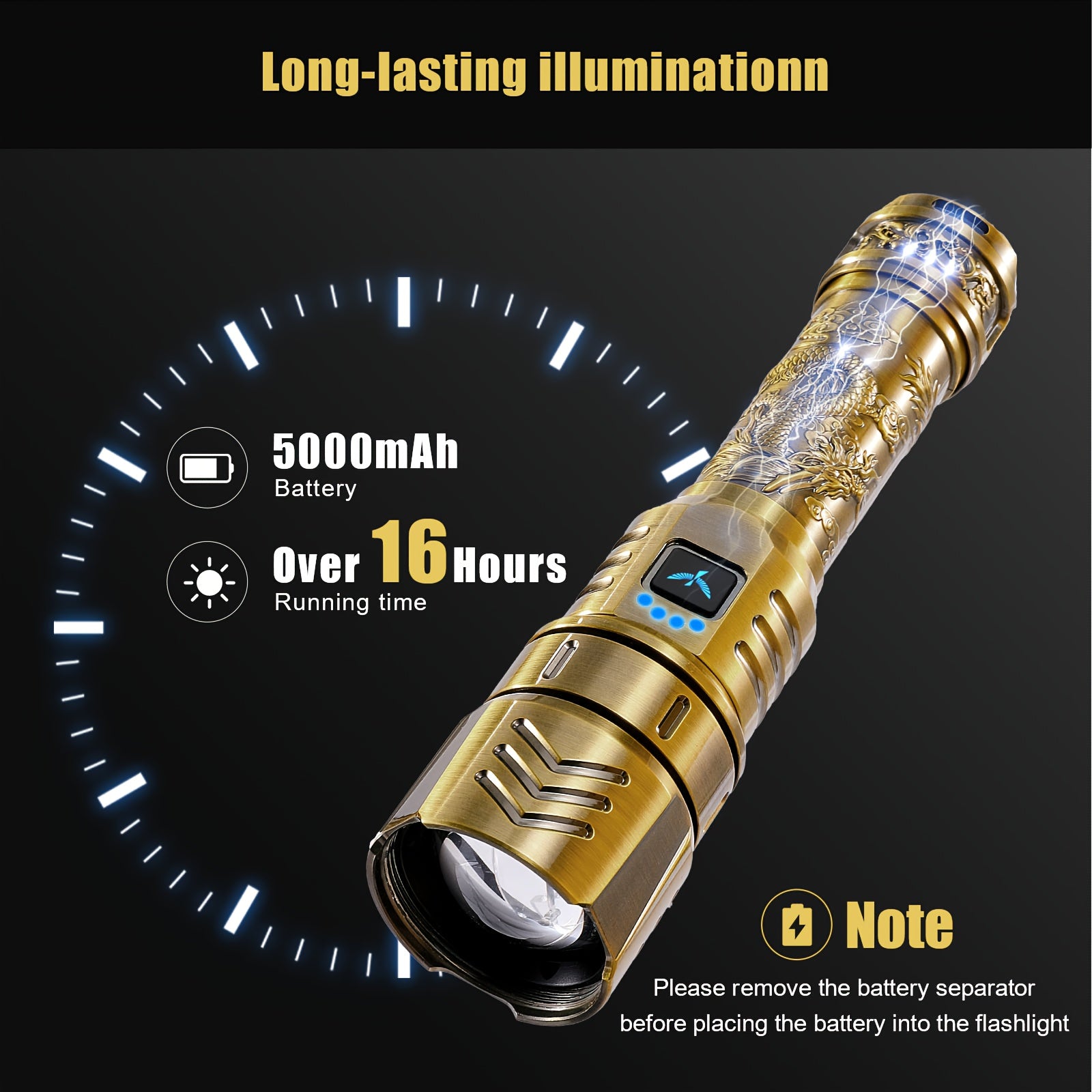 SKYFIRE LED High-brightness Golden Dragon Pattern Flashlight, 5000mAh Rechargeable Flashlight with Ignition Lens, Zoom Function, Four Modes, Suitable for Camping, Outdoor And Household Use
